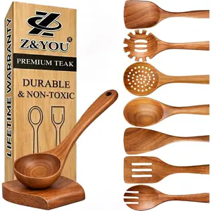 9-Piece Teak Wooden Utensil Set – Wooden Spoons for Cooking with Spoon Rest, Wooden Spatula, and Non Toxic Cooking Utensils – Premium Kitchen Utensils Set for Daily Use