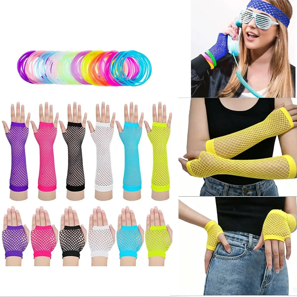 12 Pairs Neon Fingerless Fishnet Gloves and 100 Pieces Multicolor Silicone Jelly Bracelets, 80s 90s Fingerless Long Short Gloves Accessories for Women, Retro Party Favors for Halloween Party Costume Cosplay