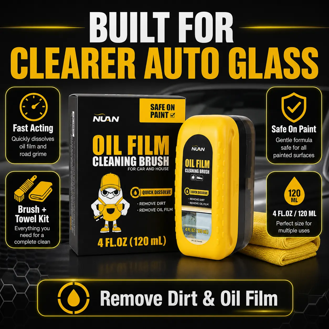 NUAN High-Performance Car Glass Oil Film Remover Multipack - 2pcs with Cleaning Brush, Automotive Detailing Product, Vehicle Cleaner, Car Cleaning Supplies, Anti-Rain, All-Vehicle Fit, Improves Clarity & Visibility