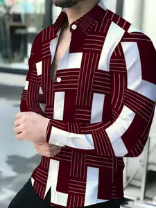 Men's Summer Burgundy White Interwoven Geometric Print Long Sleeve Collared Shirt