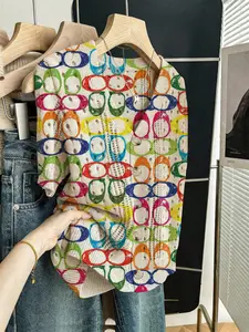 Women's Geometric Pattern Colorblock Print Short Sleeve Knit Cardigan, Casual Elegant Vacation Style Sweater, V Neck Loose Button Front