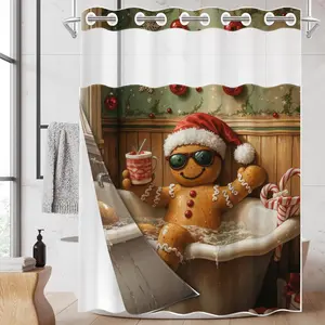 1PC/4PCS 2D Flat Printing Merry Christmas Gingerbread Man Taking a Bath Patterned shower curtain, home bathroom decor, shower curtain set with 12 hooks, non-slip bathroom rug, U-shaped toilet seat cover, toilet seat mat.
