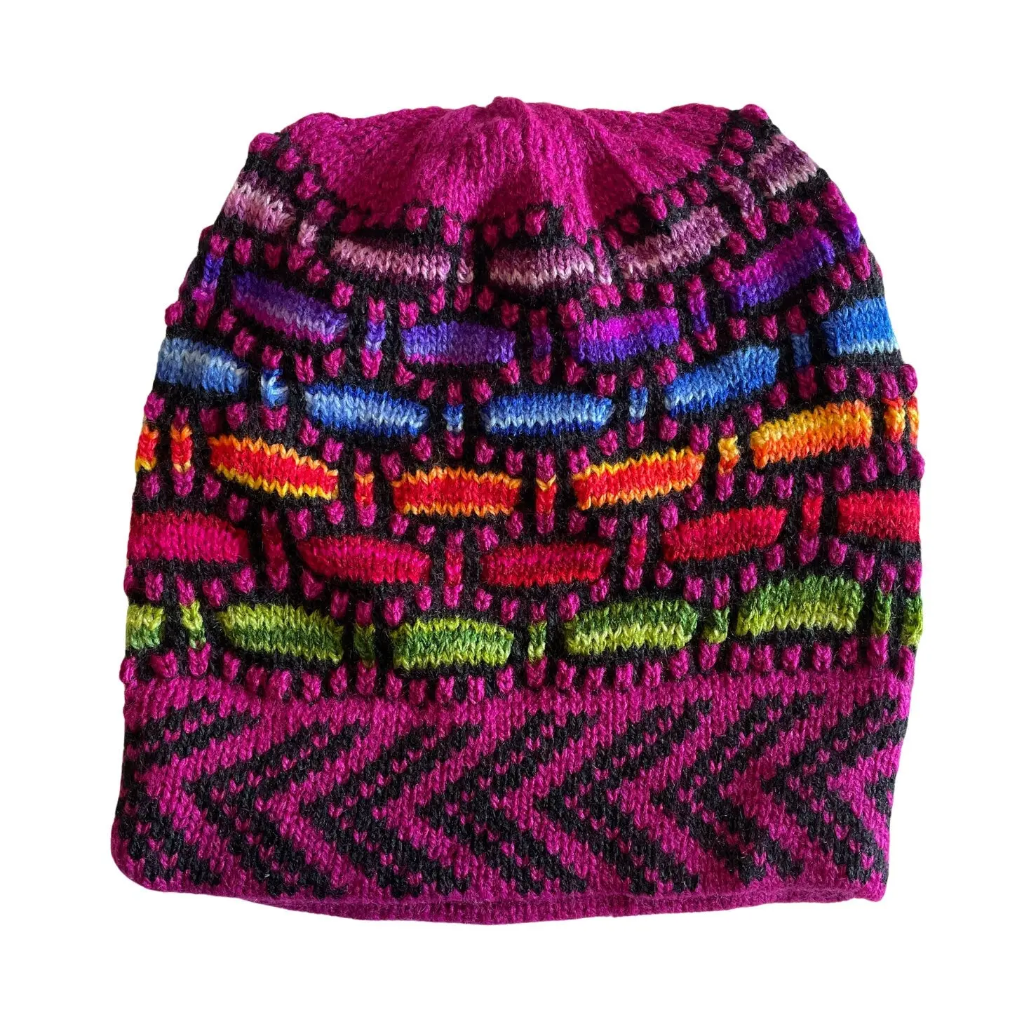 Fuchsia Rainbow Knitted Alpaca Beanie Hat - One Size