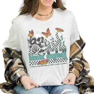 Mental Health SHIRT- Bloom Anyway Checker Skull Bleached Shirt Comfy Unisex Jersey Top Casual Vintage Style Short Sleeve Crew Neck Medium Length