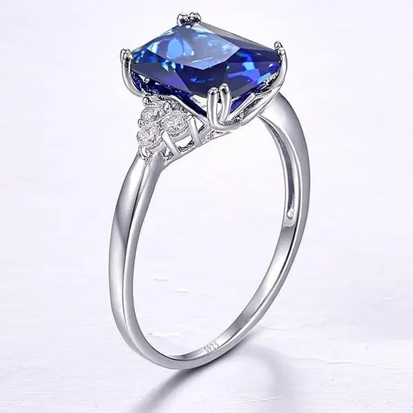 Yaresul 925 Sterling Silver Women's Hypoallergenic Jewelry Ring - Radiant Rectangular Engagement Ring, 3.5CT Sapphire/Emerald Center Gemstone, Sizes 5-10, Fashion Costume Accessory