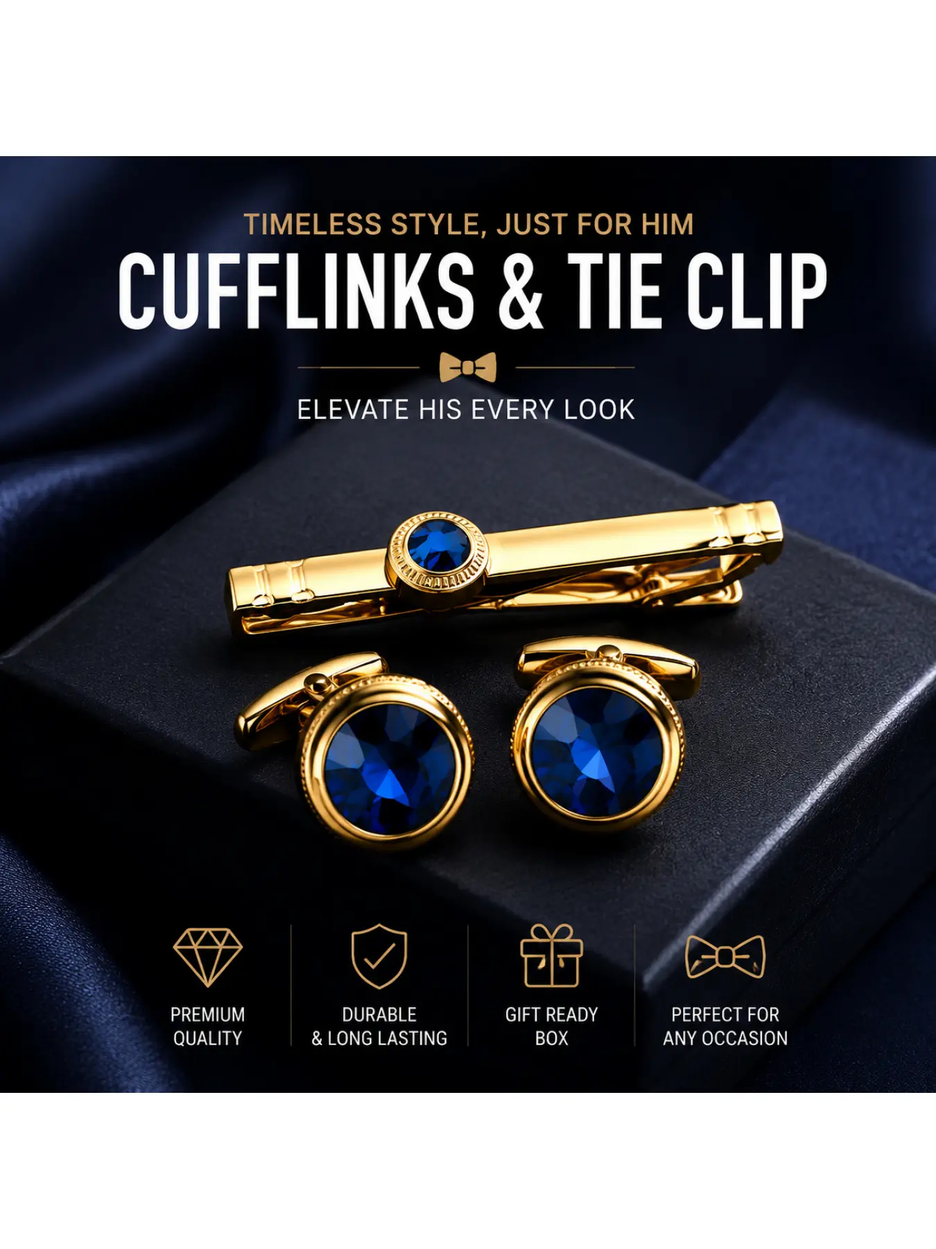 Father's Day Gift for Men, Dandy, Luxury Gold Black Crystal Cufflinks and Tie Clip Set Hand Polished Formal Suit Ornaments Classic Business Fashion Accessories Best Gift Choice for Father Husband Groom and Male Friends Suitable for Weddings Business Meeti