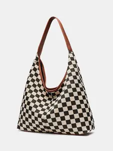 Large-Capacity Checkerboard Checked Pattern Tote Bag Daily Bag For Travel And Shopping Shoulder Bag With Inner Pocket, Durable Polyester Material, Casual Shopping Bag