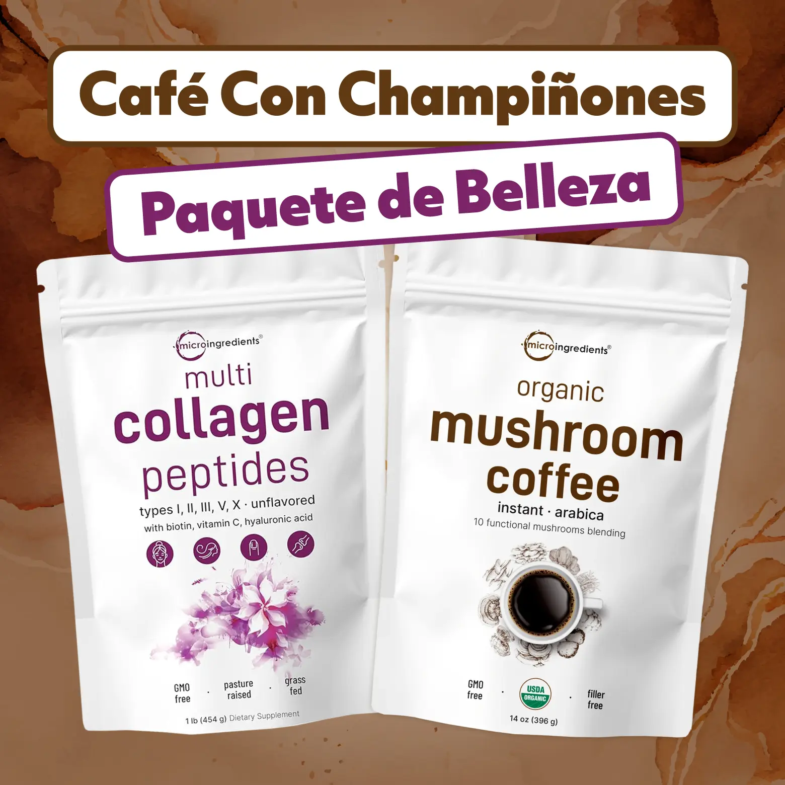 Paquete de Café de Setas para la Belleza: olvo de Colágeno Hidrolizado Multi Tipo 1LB+ Café de Setas Instantáneo 14oz