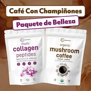 Paquete de Café de Setas para la Belleza: olvo de Colágeno Hidrolizado Multi Tipo 1LB+ Café de Setas Instantáneo 14oz