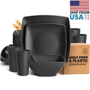 Teivio 16-piece Plastic Wheat Straw Square Dinnerware Set for 4, Unbreakable Dinner Plates, Salad Plates, Snack Bowls, Tumblers 20 oz, Dishwasher Safe, Black