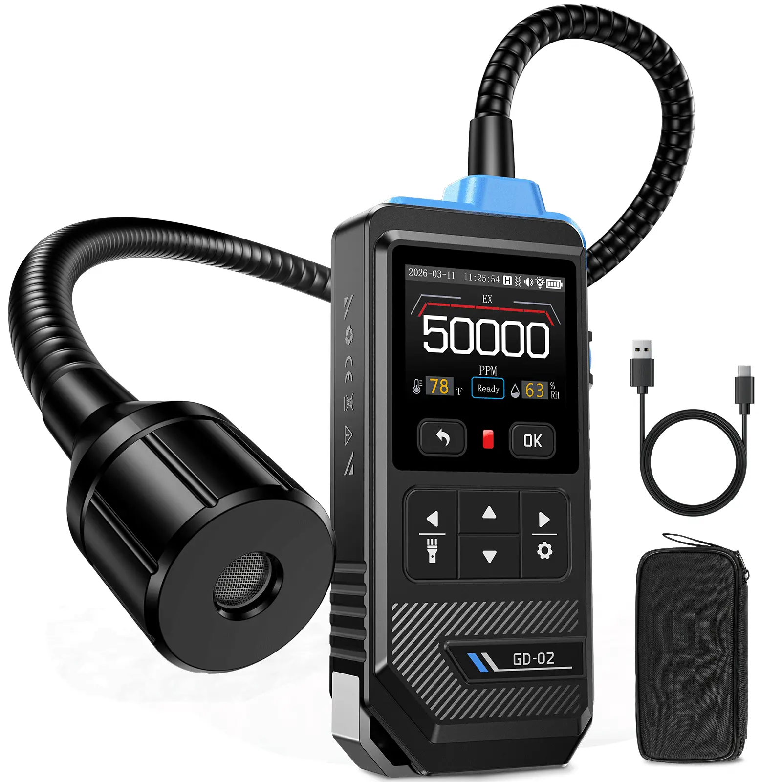 FNIRSI GD-02 Portable Gas Leak Detector with Batteries, 50000PPM Color Screen, 36cm Probe, 3 Multi-Alarm Modes, Methane/LPG Detection for Home Security System, Emergency Alert & Security Alarm Safety Sensors & Detectors