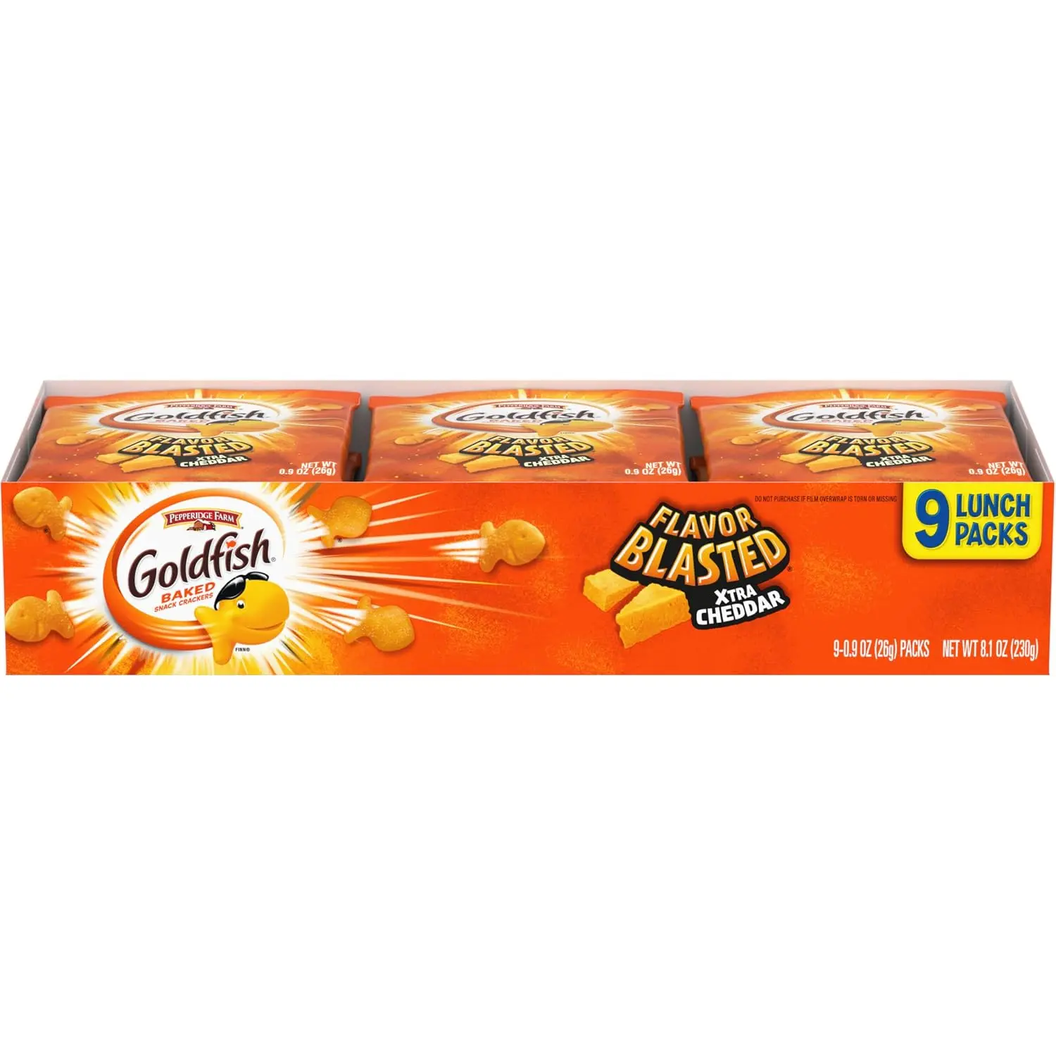 Goldfish Flavor Blasted Xtra Cheddar Cheese Crackers, Baked Snack Crackers, 0.9 oz On-the-Go Snack Packs, 9 Count Tray