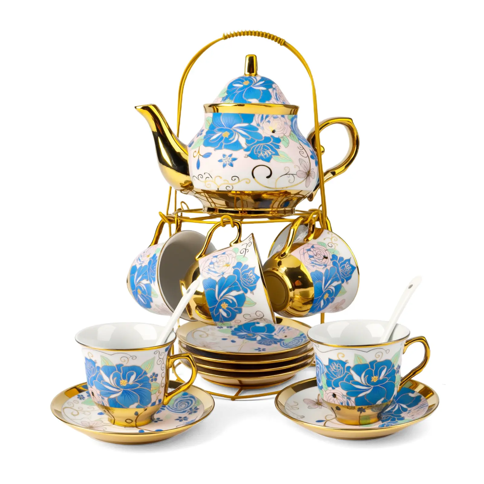 Porcelain Tea Set with Metal Holder,European Adult Ceramic Tea Party Set,Flower Painting Teapot Cup Saucer Spoon Set for Women,Serving 6 People