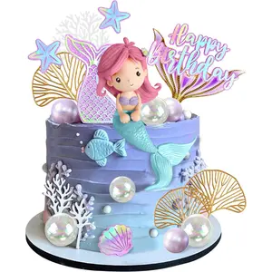 XY-SO25 Mermaid Cake Toppers with 3D Mermaid Shell Starfish Fishtail Balls for Kids Girls Birthday Party Baby Shower Supplies (Style1) Set Ornaments