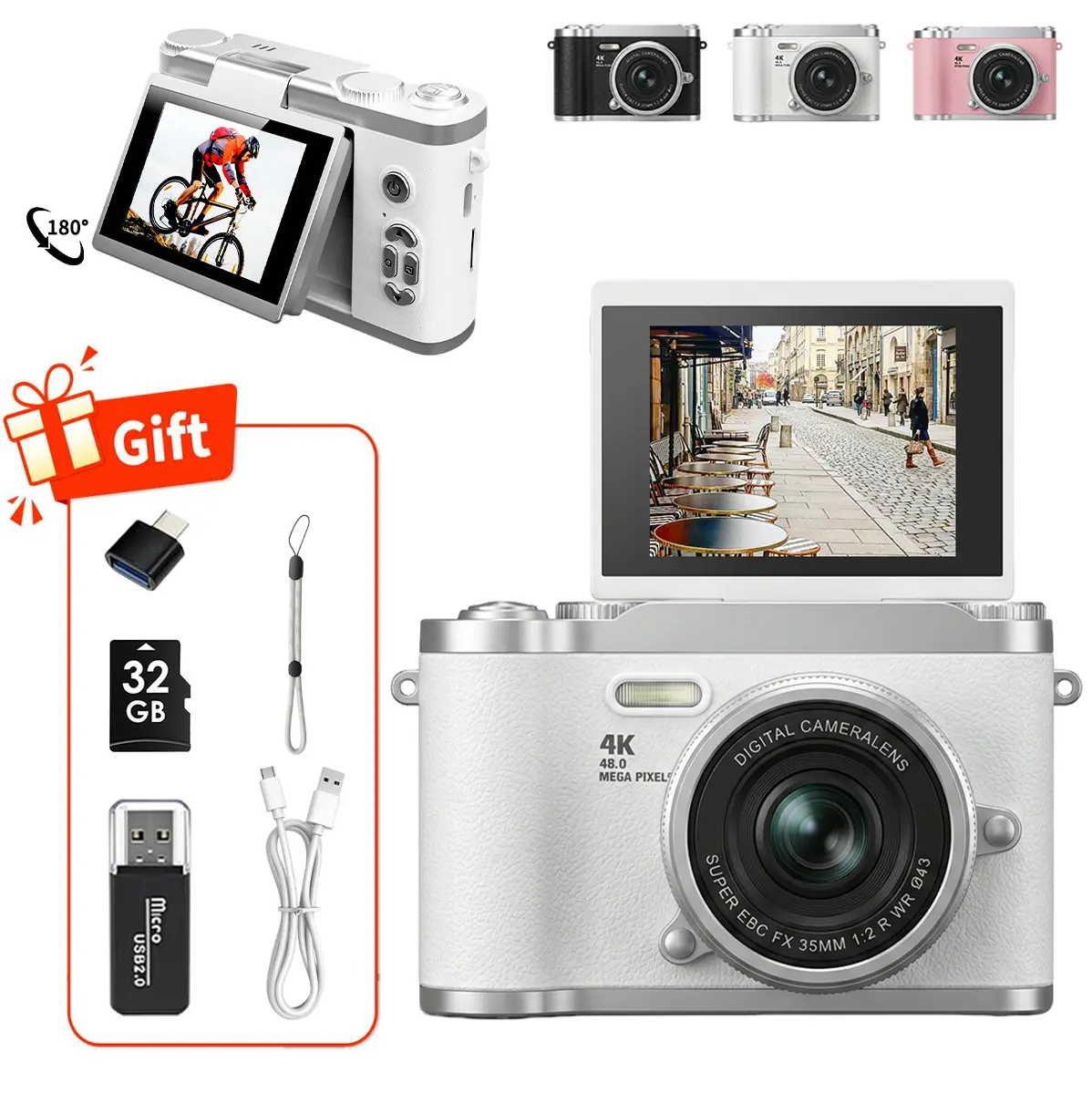 New Folding Screen Retro CCD Sensor Entry-Level Point & Shoot Digital Camera with Multiple Filter Modes, MP4 Video, SD Slot, 32GB Memory Card, Card Reader, Adapter – Suitable for Students, Casual Point & Shoot Cameras