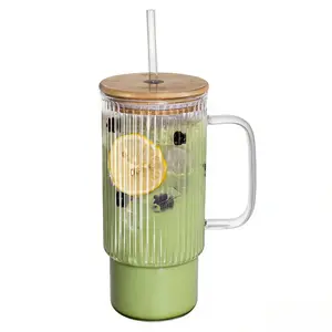 32oz Ribbed Glass Cup with Handle Lid and Straw, Borosilicate Glass Tumblers, Iced Coffee Cups Modern Glass Mug Hot/Cold Drinks for Smoothies, Tea, and Juice