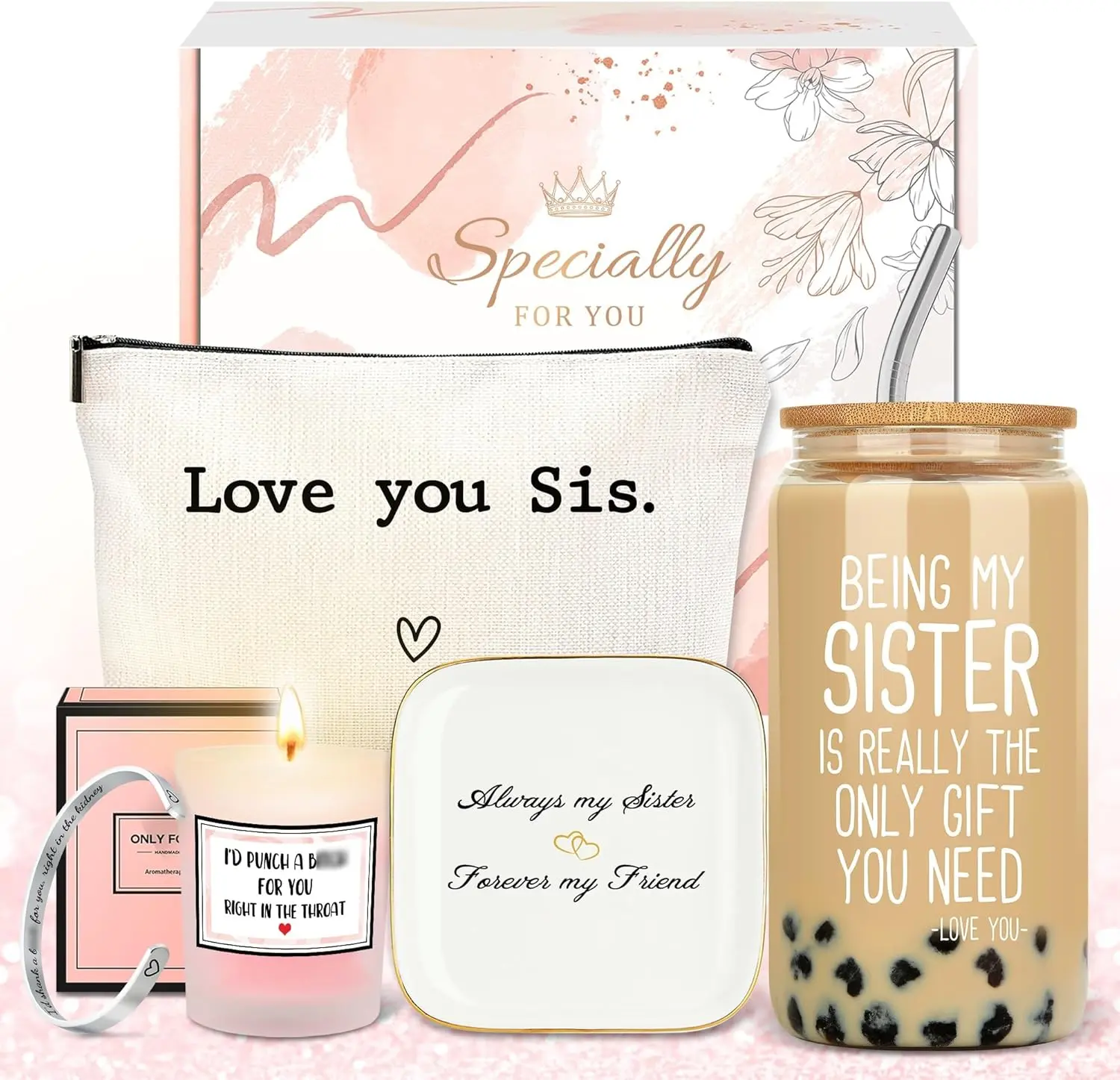 Sister Gift Basket - Women's Birthday Appreciation Deluxe Gift Box with Stylish Glass Cup, Makeup Bag, Candle, Bracelet, Rust-resist Steel Jewelry Tray, Appreciation Gifts