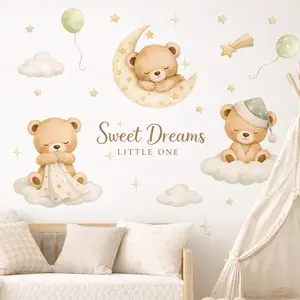 Watercolor Teddy Bear Wall Stickers "Sweet Dreams Little One" Decorative Decal, Cute Moon Stars Clouds Balloon Nursery Decor, Removable Vinyl Art for Baby Boy Girl Bedroom Playroom, Gender Neutral Kids Room Decoration