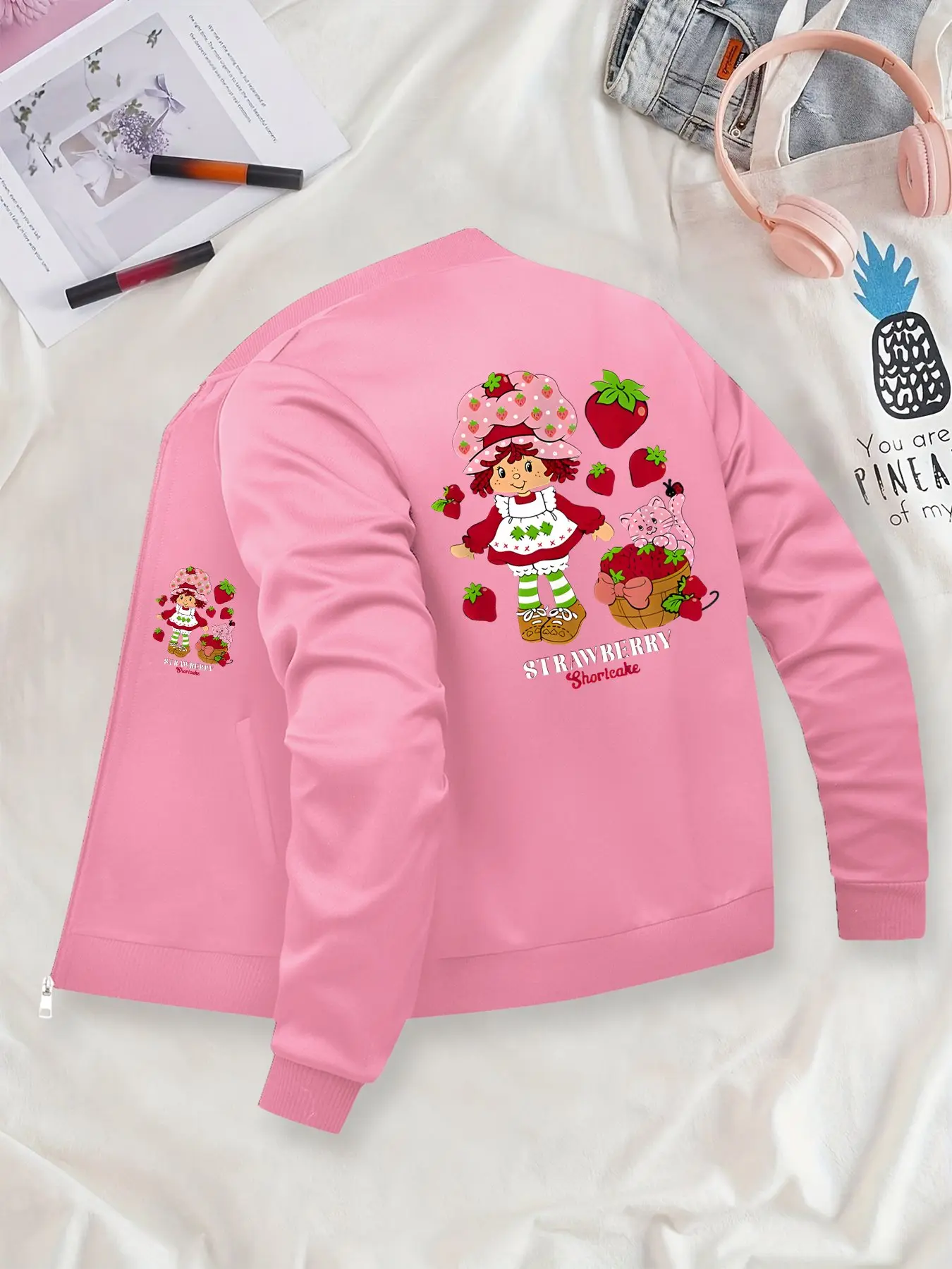 Cute Cartoon Strawberry Girl-Printed Baseball Jacket, Long Sleeve Daily Casual Fashion Zip-Front Nurse Jacket, 4-Way Stretch Fabric, Comfortable & Fashionable Workwear, Apparel for Medical Professionals, Durable Nursing Jacket, Women, Coats