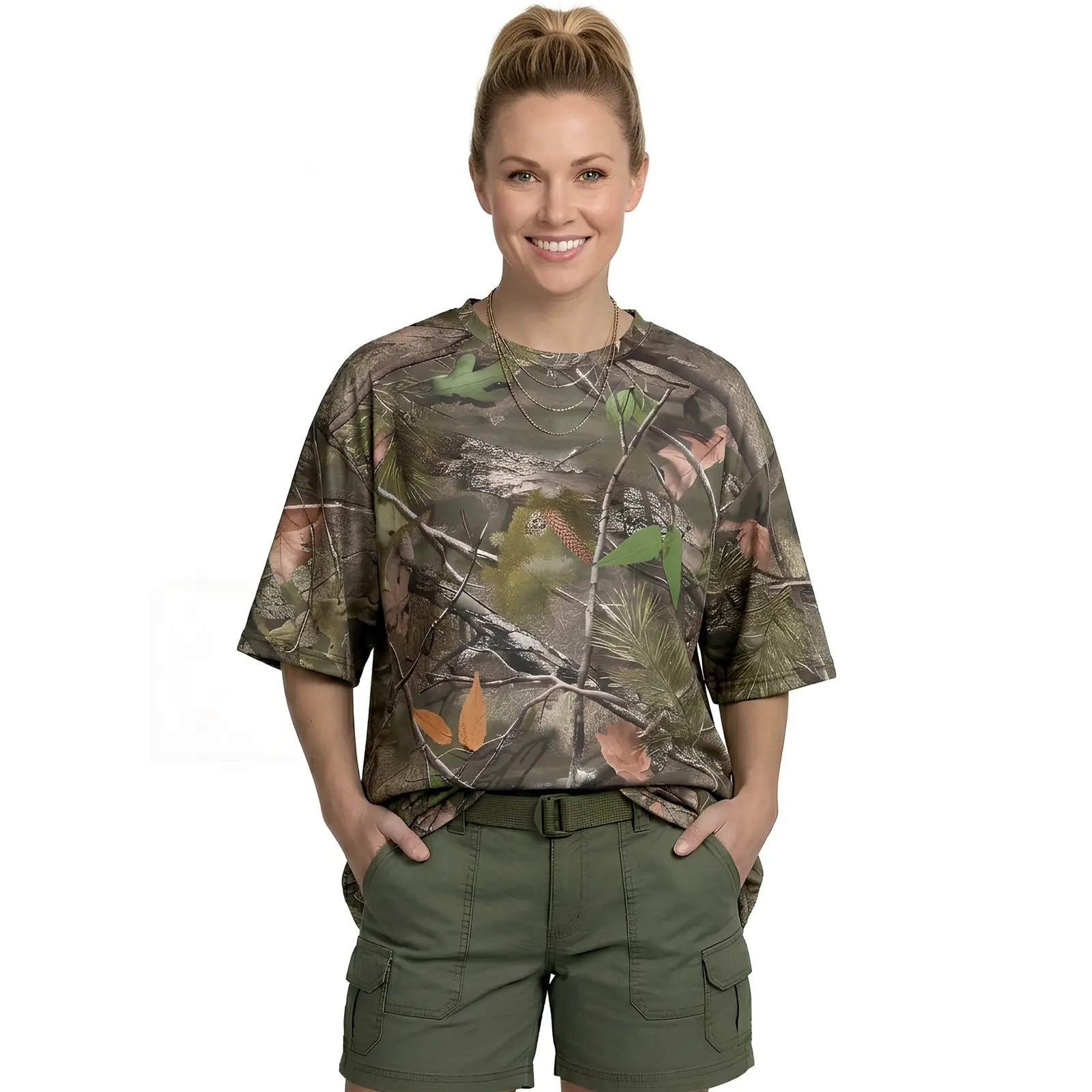 ARRIS Women's Oversized Camouflage Graphic T-Shirt - XL, Round Neck, Short Sleeves, Drop Shoulders, Patented Print, Soft Stretchy Breathable Polyester, Leggings-Friendly Casual Trendy Sporty Top, for Hiking/Light Outdoor, All Seasons Light Tee