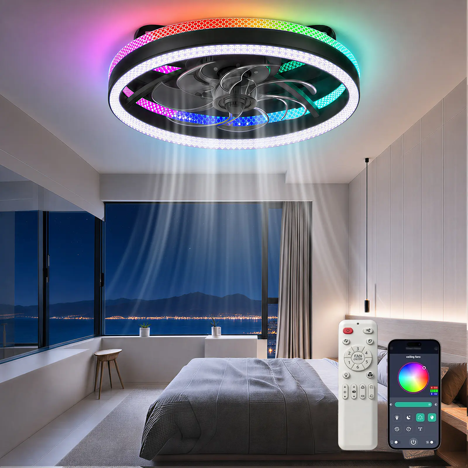 DEMILARE RGB Ceiling Fan with Lights, Modern Flush Mount Ceiling Fan with Dual Lighting, 6-Speed Quiet Reversible Fan with Remote Control, Low Profile Indoor Ceiling Fan for Bedroom Living Room Kitchen,home makeover,back to school shopping