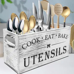 Rustic Wooden Utensil Holder for Kitchen Counter, Farmhouse Kitchen Organizer Box with 3 Compartments, Large Wood Cutlery & Cooking Utensil Storage Caddy#fathersdaygift