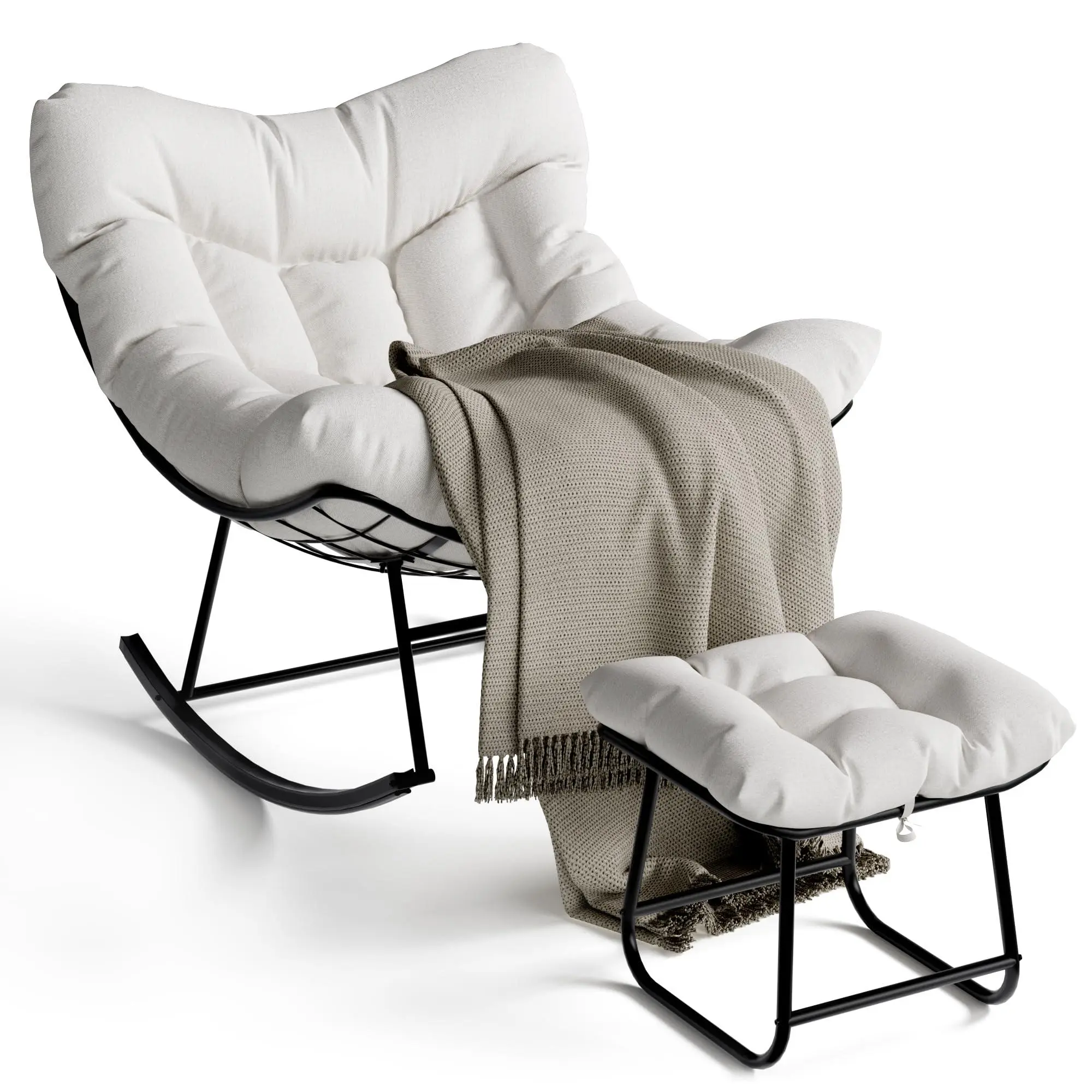 Gaomon Oversized Armless Papasan Rocking Egg Chair with Footrest Ottoman, Sturdy Metal Frame Outdoor Patio Rattan Lounge Chair, White, Armless Lounge Chair, Egg Chairs