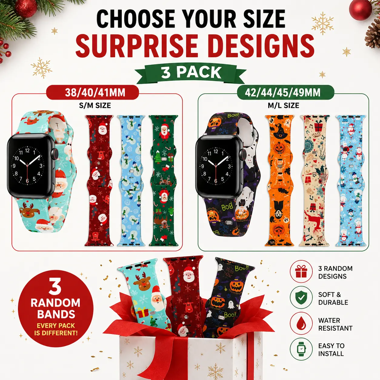 3-Pack Random Holiday Apple Watch Bands, Soft Silicone Replacement Strap, Christmas & Halloween Designs