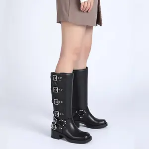 Athlefit Women's Knee High Riding Boots Fashion Buckle Square Toe Chunky Heel Wide Calf Biker Boots Gril Comfort Footware Fashion Shoes buckle  boots knee  high Leather Footwear Comfortable Girl Walking Shoes Bota Brown