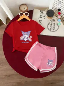 Summer Girls Casual Sports Short Sleeve Shorts Set, Kuromi Cartoon Print, Comfortable Loose Fit, 2-7 Years, Breathable Fabric