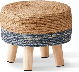 Round Foot Stool  Seagrass Poufs Ottoman Hand Weave Footrest Stool for Couch Desk Extra Seat Step Stool with Solid   for Hallway Patio Lounge Blue