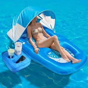 Fabric Covered Inflatable Pool Lounger Float Adult, 70"x39" Extra Large Pool Float W/ UPF50+ Sunshade Canopy & Cupholder Caddy, Water Floaties Raft Recliner Chair for Pool Party Lake Beach ForGifts for Women