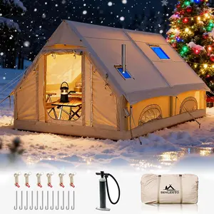 4-Season Inflatable Tent for 8 - 10 Persons 129 Sq Ft with Stove Jack Mesh Windows and Pump for Outdoor Camping Compact