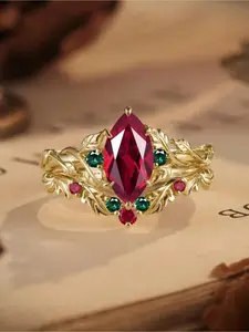 Gorgeous Red Cubic Zirconia Marquise Ring for Women Unique Antique Golden Leaf Ring Engagement Wedding Ring Set Anniversary Party Jewelry Christmas Gifts  Valentine's Day Gift Dutch Marquise Cut Ring