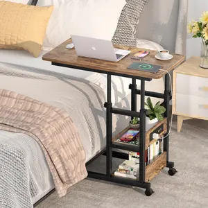 C Shaped End Table Height Adjustable - Couch Side Table with Charging Station, TV Tray with Wheels Slide Under Sofa for Small Spaces, Living Room Bedroom