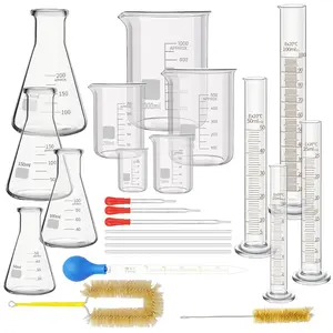 23 Pcs Lab Glassware Set Including Measuring Cups, Glass Beaker Graduated Cylinder, Glass Dropper, Stirring Rod, Cleaning Brush for Laboratory Chemistry Supplies