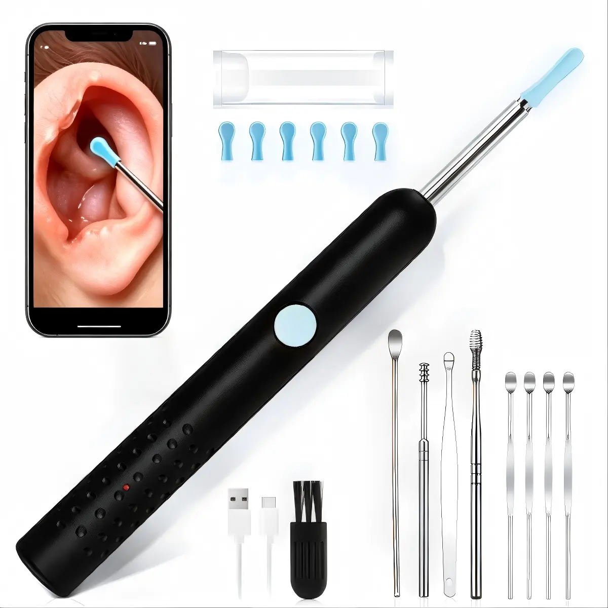 Smart 1080P HD Ear Camera Kit 9 Piece Set for iPhone & Android 6-9 Soft Silicone Spoons Rechargeable Battery Black Safe Wax Removal Ear Cleaning Tool Ear Cleaner Ear Irrigation Kit ear wax removals ear wax removal tool