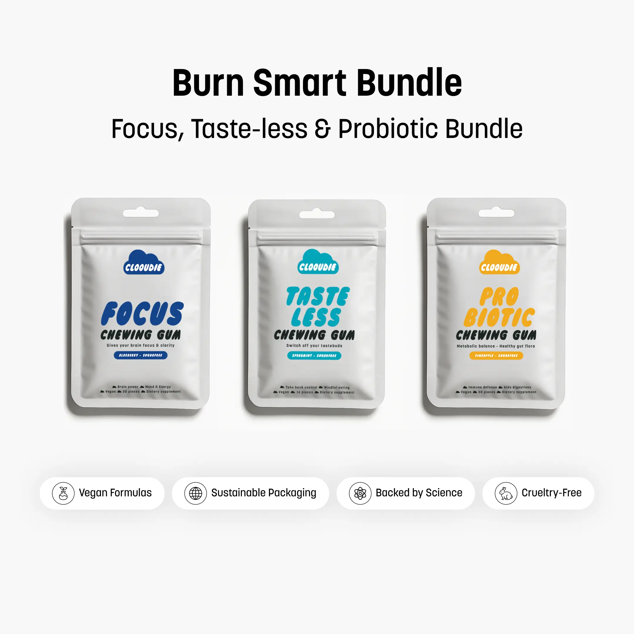 Clooudie Burn Smart Bundle: Tasteless Chewing Gum + Probiotic Chewing Gum + Focus Chewing Gum, Support Gut & Digestive Wellness, Reduce Sweet Signal, Help With Eating Healthy, Activate Focus, Clinically Tested, Vegan, Non-GMO & Sugar-Free