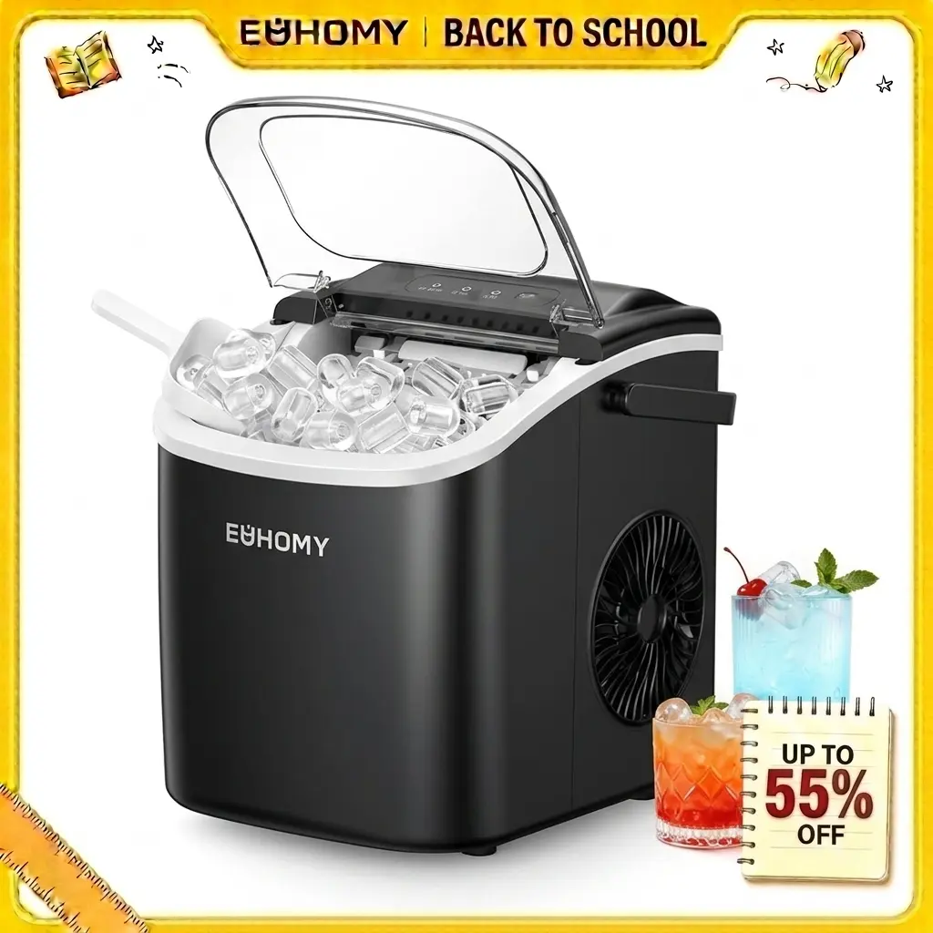 【Back To School】EUHOMY Countertop Ice Maker  with Handle, 26lbs in 24Hrs, 9 Ice Cubes Ready in 6 Mins, Auto-Cleaning Portable Ice Maker with Basket and Scoop, for Home/Kitchen/Camping/RV.  (2024 New Silver)