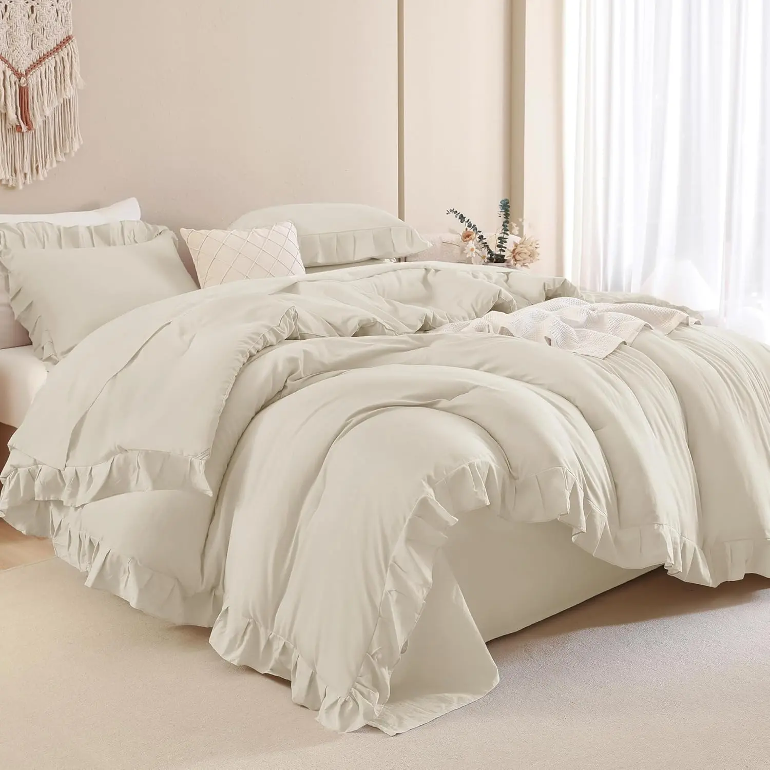 Beige Twin Size Ruffle Comforter, 2 Farmhouse for, Lighteweight Microfiber for(1 Ruffle Comforter and 1 Pillowcase)