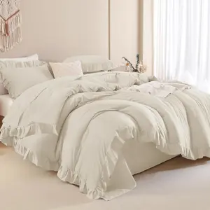 Beige Twin Size Ruffle Comforter, 2 Farmhouse for, Lighteweight Microfiber for(1 Ruffle Comforter and 1 Pillowcase)