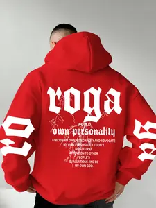 New Men's Hooded Sweatshirt, Trendy Letter Print, Graphics, Polyester Material, Kangaroo Pocket, Casual Fitted Style, All Seasons Fashion, Tops