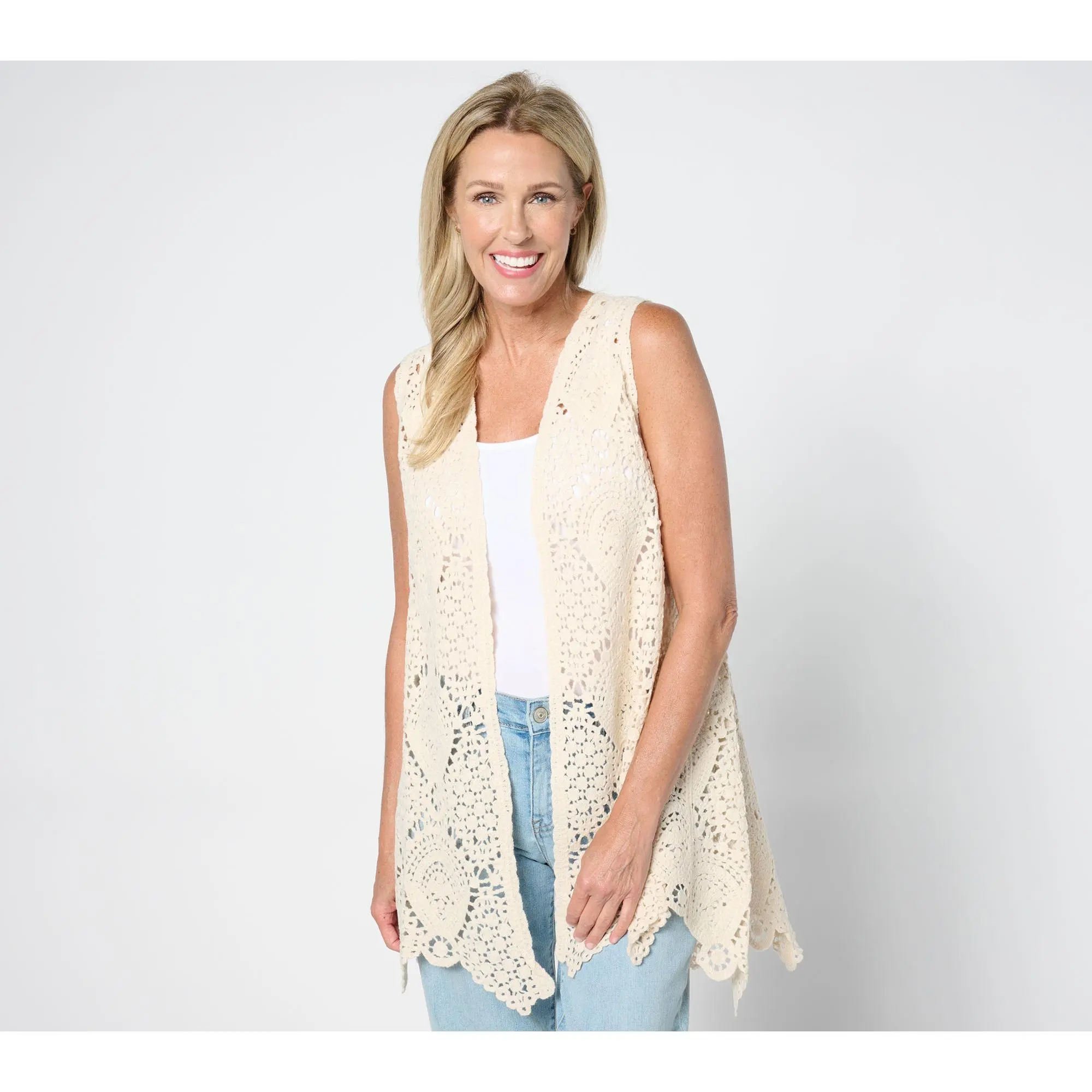 Susan Graver Passport Crochet Vest with Scalloped Hem