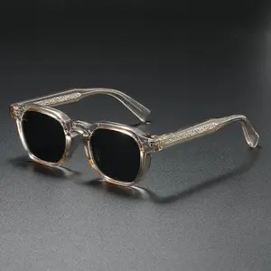 Retro-style square sunglasses: Clear champagne acetate frame, decorative temples, unisex UV400 dark lenses; perfect as a party gift.Fashionable Lightweight
