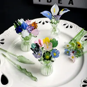 Handcrafted Mini Glass Flower Ornament — Faux Glass Flower Bouquet, Fresh-Style Floral Arrangement Decor, and Glass Vase Display Piece