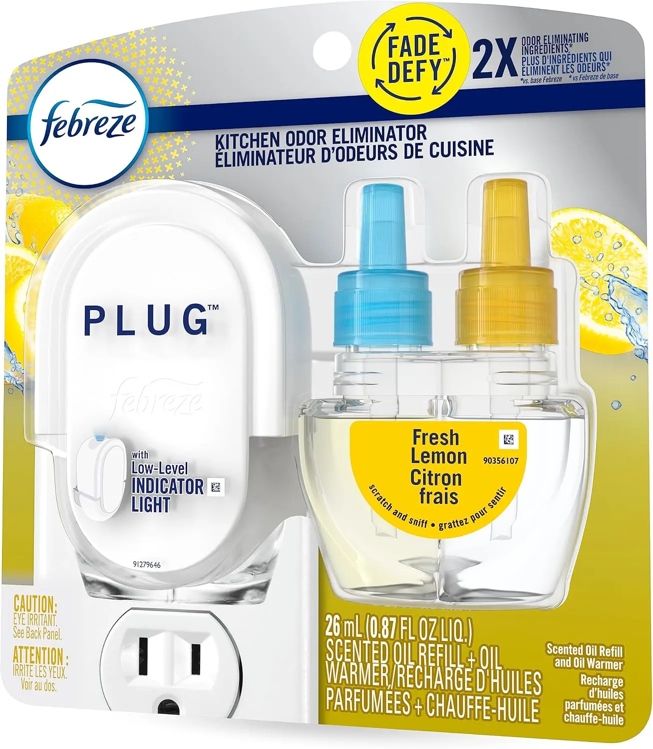 Febreze Fade Defy PLUG, 1 Oil Warmer Plug, 1 Fresh Lemon Scented Oil Refill, 2x Odor Fighting Power, Pet Friendly Scent, Febreze Air Freshner, Blue and Yellow