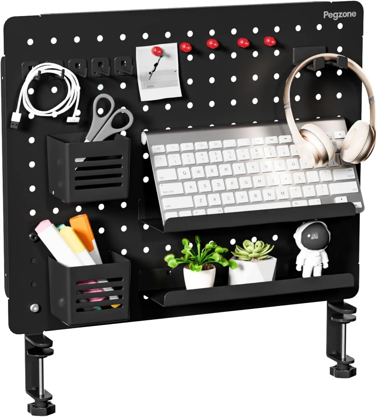 PEGZONE Clamp-On Desk Peg Board - Office Gadgets Work Organizer Set, Easy-Install Office Supply with Magnetic Metal Panel, Privacy Panel, 15 Hooks, 20.4"x16.5" Large Black Storage Shelf Pegboard Utility Racks, Accessory Kit