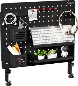Clamp-on Desk Pegboard, Desk Organizer for Office Gaming Home, Magnetic Metal Peg Board with 15 Accessories, Privacy Panel for Office, 20.4" x 16.5", Large, Black
