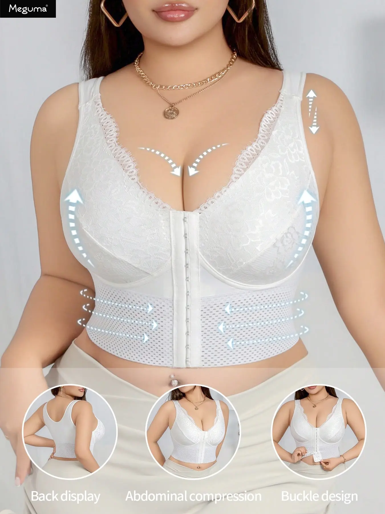 Multi-functional Shaping Bra Designed for Plus-Size Women Front-Closure Buckle Push-Up Wire-Free Posture-Correcting Supportive Bra, Longline Posture Bra, Correction Brassieres, with Tummy-Control Shaping Women's Apparel