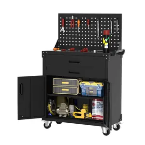 Mobile Metal Rolling Tool Cabinet, Heavy Duty 31.5in Garage Workbench with Pegboard, 2 Drawers and Adjustable Shelf Design, Multipurpose Storage Organizer for Workshop Warehouse Home Garage Use